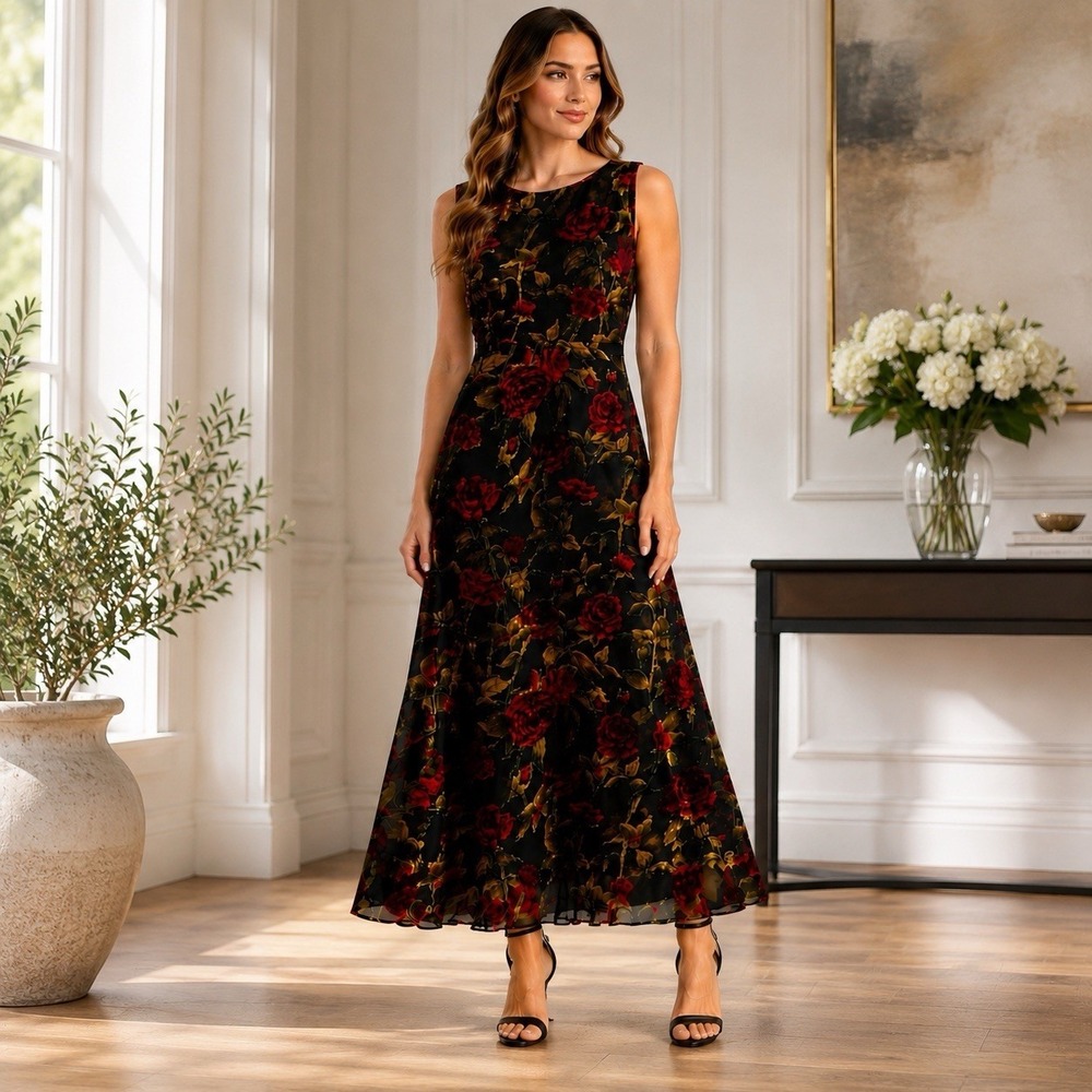 Dress The Population Cherilyn Maxi Gown Floral Velvet Rose Cowl Back Small EUC